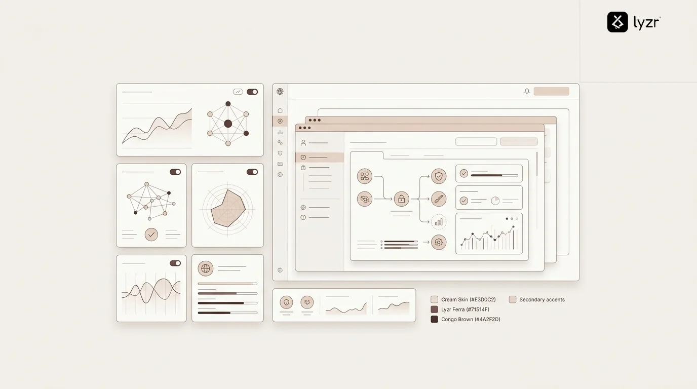 Enterprise dashboard showing AI agent governance metrics with compliance indicators, decision logs, and real-time monitoring panels illustrating transparent AI agent oversight