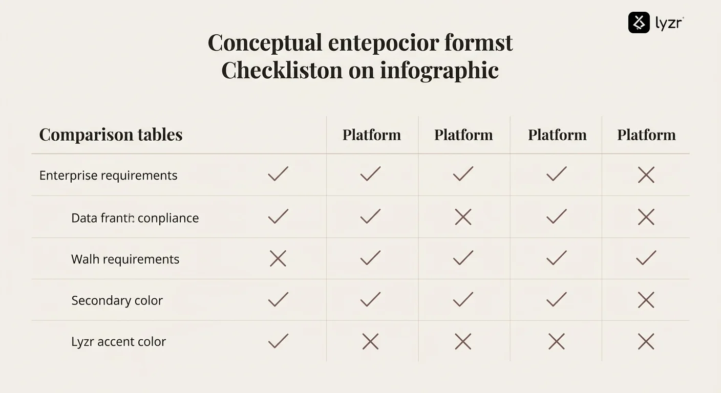Checklist comparison showing enterprise requirements with checkmarks and X marks across different platforms