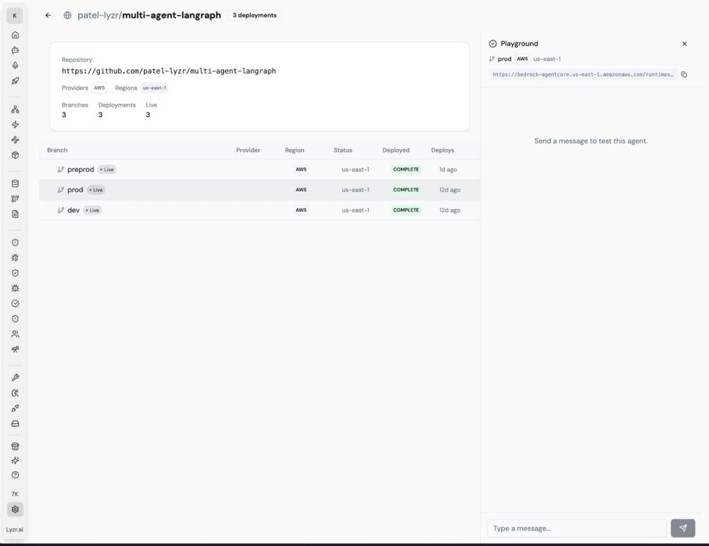 Multi-Environment View — Agent deployed across preprod, prod, and dev branches on AWS image 3