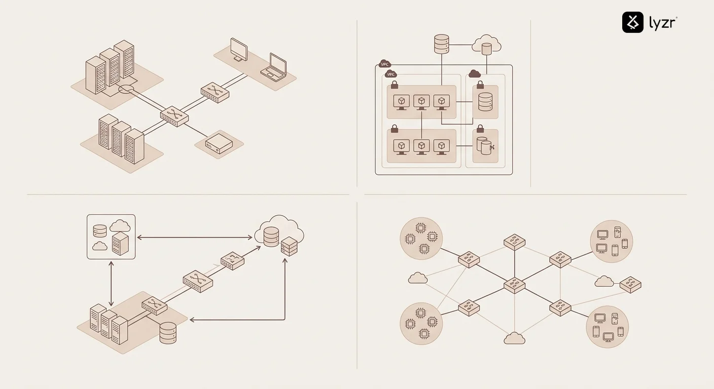 Network topology diagram illustrating four deployment models - on-premises data center with dedicated servers, private cloud VPC architecture with isolated subnets, hybrid model showing data flow between local and cloud components, and edge deployment with distributed agents on local devices
