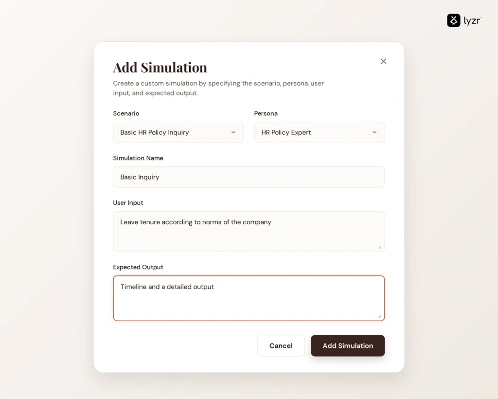 lyzr add simulation modal